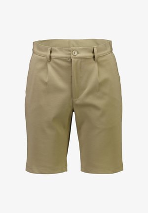 Beżowe męskie szorty na miarę z pętelkami na pasek, zapięciem na guzik, przednimi plisami i bocznymi kieszeniami.