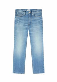 Jeans blu chiaro in denim, con design a gamba dritta, tasche frontali e un leggero effetto sbiadito. Bottone in metallo e dettagli di cucitura visibili.