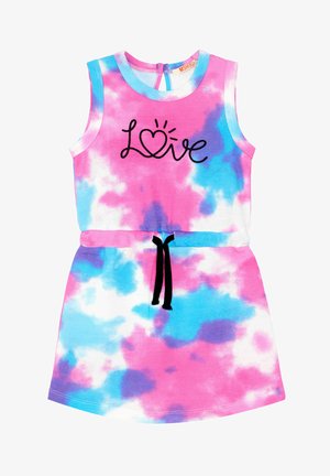 Ærmeløs kjole i tie-dye mønster med pink, blå og hvide farver. Sort broderet "Love" på brystet. Justerbar sort snor i taljen.