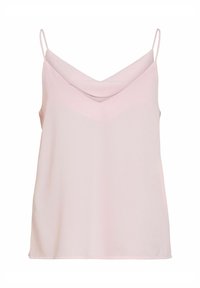 Haut camisole rose clair sans manches avec fines bretelles et encolure drapée, présenté sur fond blanc.