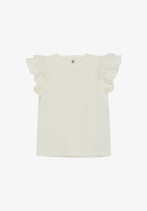 Crème-kleurig t-shirt met korte mouwen, ruches op de schouders en kanten accenten. Zachte katoenen stof, ronde halslijn en een ontspannen pasvorm.