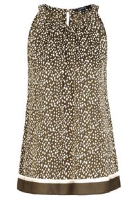 Haut marron sans manches avec motif à pois blancs, encolure froncée et détail en forme de goutte. Fini avec une bande contrastante à l'ourlet.