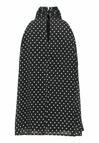 Robe noire sans manches à pois blancs, col montant froncé et fente en forme de trou de serrure à l'avant.