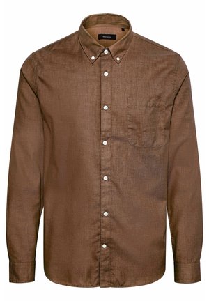 Hnědá košile s dlouhým rukávem, zapínáním na knoflíky a špičatým límcem, s jednou náprsní kapsou a bílými knoflíky. Vyrobena z texturované tkaniny.
