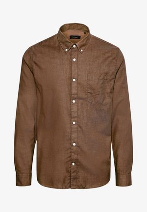 Cămașă lungă, maro, cu mânecă lungă, cu guler ascuțit, un singur buzunar pe piept și nasturi albi. Confecționată dintr-un material texturat.