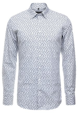 Weißes langärmliges Hemd mit Knopfleiste, kleinem blauem Blumenmuster und weiter Hemdkragen.