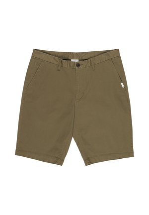 Olijfgroene katoenen herenshorts met knoop- en ritssluiting aan de voorkant en zijzakken, plat weergegeven op een witte achtergrond.