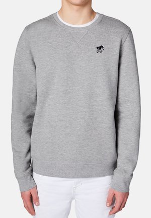 Grå sweatshirt lavet af en bomuldsblanding med rund hals, ribbede ærmer og forneden, med et lille sort logo på brystet.