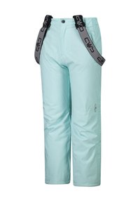 Lichtblauwe skibroek van waterafstotende stof, met verstelbare grijze bretels, zijzakken en een relaxte pasvorm.