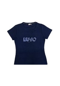 T-shirt in cotone blu navy con maniche corte e scollo rotondo, caratterizzato da un design di logo glitterato sulla parte anteriore. Texture morbida, stile aderente.