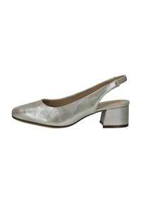 Décolleté slingback in argento metallizzato, con punta rotonda e tacco basso a blocco. Texture liscia con una leggera lucentezza e interno imbottito.