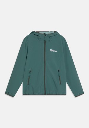 Grüne, leichte Jacke mit Kapuze, Frontreißverschluss und zwei seitlichen Taschen. Mit einem Logo auf der Brust und elastischen Bündchen. Glatte Textur.