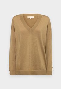 Pull kaki à col en V en matériau doux avec manches longues et boutons décoratifs aux poignets. Présente une coupe décontractée et un détail de bord-côte à l'ourlet.