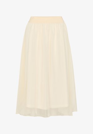 Lichtbeige, knie-lange rok gemaakt van doorzichtig stof. Elastische tailleband, vloeiende ontwerp met een gladde textuur en geen zichtbare patronen of accenten.