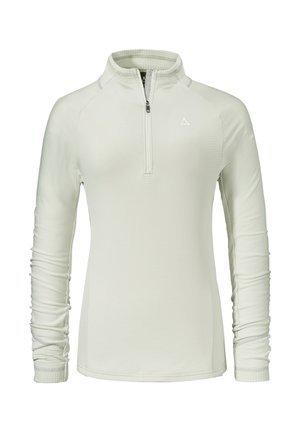 Helle graue langärmlige Pullover mit einem halben Reißverschluss, gerippter Textur und elastischen Bündchen. Verfügt über ein kleines Logo auf der Brust.