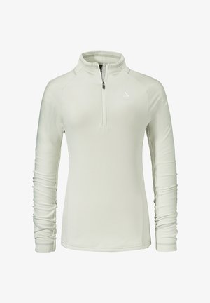 Helle graue langärmlige Pullover mit einem halben Reißverschluss, gerippter Textur und elastischen Bündchen. Verfügt über ein kleines Logo auf der Brust.