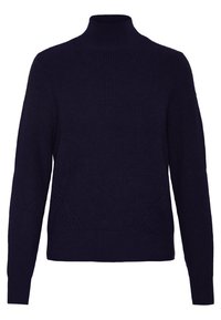 Laivastonsininen ribbineulottu pooloneule, jossa on teksturoitu kuviointi, pitkät hihat ja vartalonmyötäinen malli.