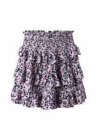 Gonna floreale arricciata in viola, nero e bianco. Presenta multiple balze lungo l'orlo e una cintura elastica per una vestibilità comoda.