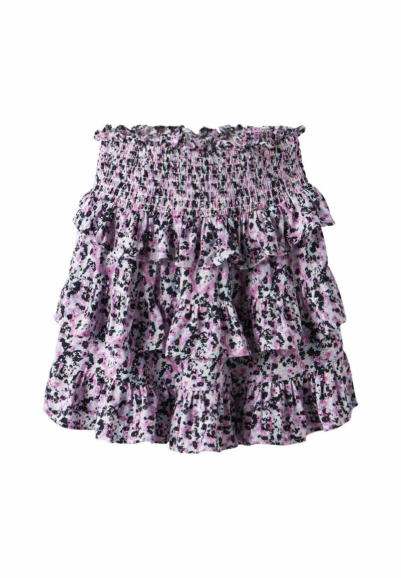 Gonna floreale arricciata in viola, nero e bianco. Presenta multiple balze lungo l'orlo e una cintura elastica per una vestibilità comoda.