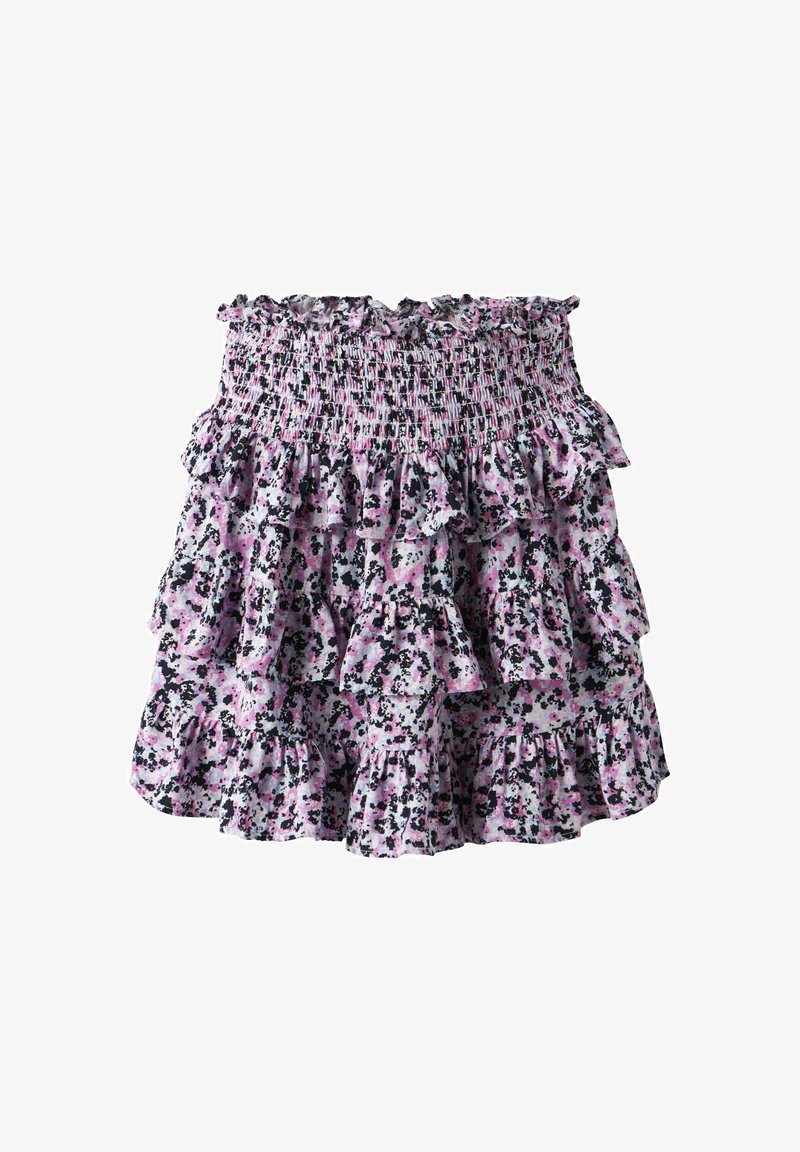 Jupe à smocks florale en violet, noir et blanc. Présente plusieurs volants le long de l'ourlet et une taille élastique pour un ajustement parfait.