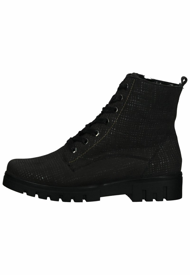 Bottes à lacets noires montantes avec une surface texturée, dotées d'une semelle en caoutchouc robuste et d'œillets métalliques, offrant un design robuste.