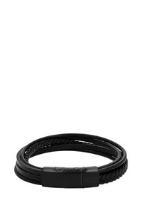 Bracciale in pelle nera con tre fili intrecciati, caratterizzato da un design intrecciato e una fibbia nera opaca per una chiusura sicura.