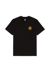 Schwarzes T-Shirt mit kurzen Ärmeln und kleinem gelben, kreisförmigen Baum-Logo auf der linken Brust, vor einem weißen Hintergrund.