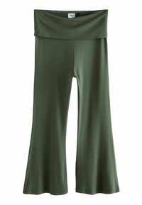 Grüne, ausgestellte Hose aus weichem, dehnbarem Stoff, mit einem breiten Bund und glatter Textur, die für Komfort und Bewegungsfreiheit gestaltet ist.