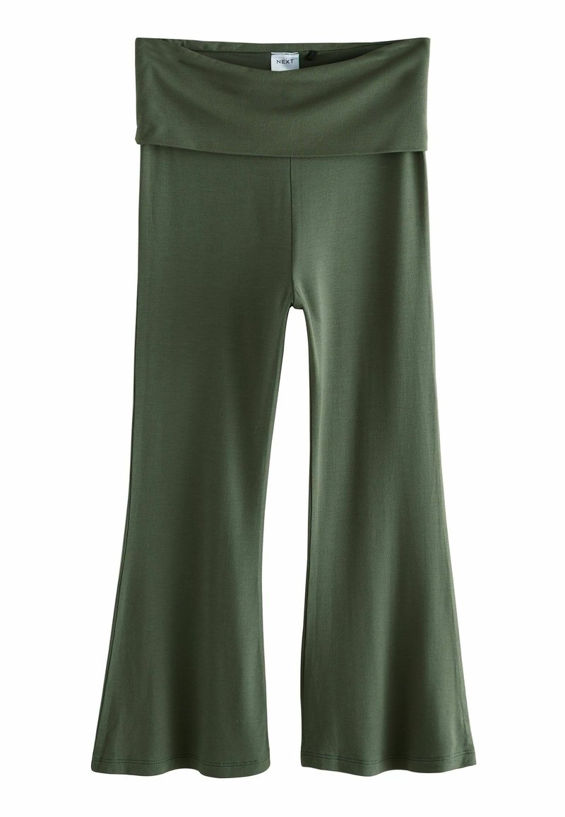 Grüne, ausgestellte Hose aus weichem, dehnbarem Stoff, mit einem breiten Bund und glatter Textur, die für Komfort und Bewegungsfreiheit gestaltet ist.