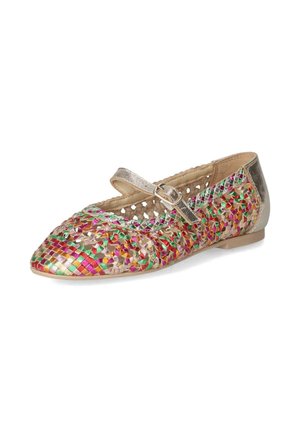 Chaussure Mary Jane plate tissée avec bride dorée métallique et motif tressé multicolore sur la tige, semelle beige et fermeture par boucle latérale.