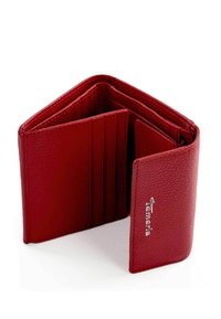 Red leather wallet with a textured finish, featuring multiple card slots and a compartment for bills. Logo embossed on the side.