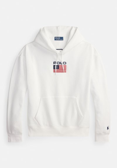 White hoodie made of cotton, featuring a front pocket, drawstring hood, and embroidered "Polo" logo with a flag design in red, white, and blue.