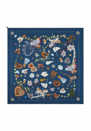 Écharpe bleue avec illustrations de chevaux de carrousel, bretzels, fleurs, papillons, grande roue, chopes à bière, cœurs en pain d'épices et rubans.