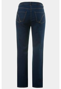 Pantalons en denim bleu foncé avec une coupe droite, une ceinture élastique et deux poches arrière avec des détails de couture contrastés.