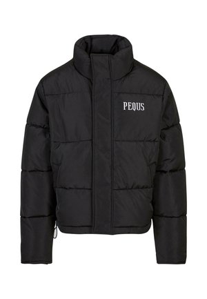 Black puffer jacket with a high collar, quilted design, front zipper, and the word "PEQUS" in white on the chest. Soft, insulated material.
