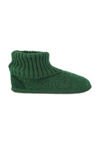 Grüne Wollschlappen mit geripptem Knöchel, abgerundetem Zeh und strukturiertem Oberflächenmaterial. Verfügt über ein weiches Innenfutter und eine flache Gummisohle.