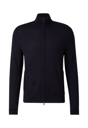 Navy zip-up jacket with a high collar, made of smooth fabric. Features two side pockets and ribbed cuffs for a snug fit.