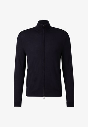 Navy zip-up jacket with a high collar, made of smooth fabric. Features two side pockets and ribbed cuffs for a snug fit.