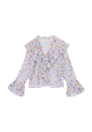 Blusa trasparente a maniche lunghe con colletto arricciato e polsini svasati, caratterizzata da un motivo floreale pastello e chiusura frontale a fiocco.