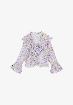 Doorschijnende blouse met lange mouwen, met gerimpelde kraag en wijde manchetten, voorzien van een pastel bloemmotief en een sluiting met strik aan de voorkant.