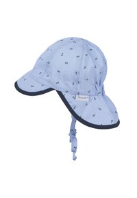 Blue striped sun hat with small anchor patterns, curved brim, and an adjustable chin strap. Made of lightweight fabric with a smooth texture.