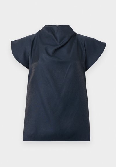 Navy blue top with a high collar, short flutter sleeves, and a softly draped back. Smooth fabric with subtle sheen and no visible fastenings.