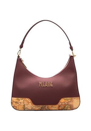 Borsa sintetica color marrone scuro con silhouette curva, logo dorato e sezione inferiore decorata con un disegno vintage di una mappa del mondo.