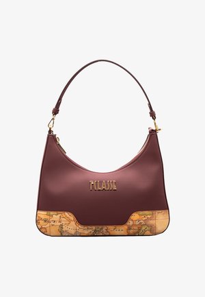 Borsa sintetica color marrone scuro con silhouette curva, logo dorato e sezione inferiore decorata con un disegno vintage di una mappa del mondo.