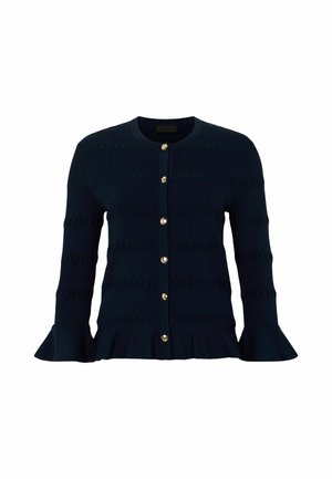 Tengerészkék texturált kötött kardigán kerek nyakkivágással, arany gombokkal az elején, bővülő mandzsettákkal és fodros alsó résszel.