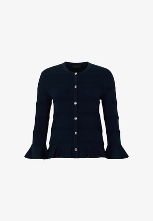 Sünteeritud meresinist värvi kudumist kardigan ümarate kaeluste, ees kuldsete nööpide, väljapeetud mansettide ja volditud äärega.