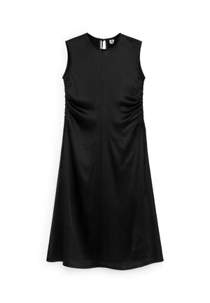 Vestido midi negro sin mangas con escote redondo, laterales fruncidos con lazos ajustables y cierre trasero con botones.