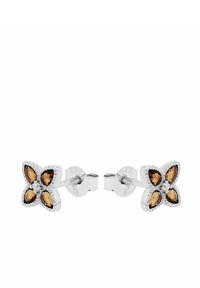 Pendientes en forma de mariposa de plata esterlina que presentan cuatro piedras preciosas de color ámbar y una piedra central clara con un engaste texturizado.