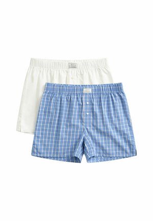Twee paar herenshort, één effen wit en één blauw met een wit geruit patroon, beide met elastische tailleband en gulp met knopen.