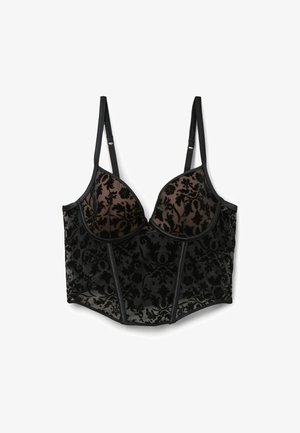 Sostén negro de encaje con aros estructurados. Presenta un patrón floral damasco, secciones transparentes y tirantes ajustables. Textura suave.